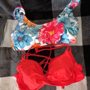 2 bathing suit tops size Medium. red top is by the brand Time and True.